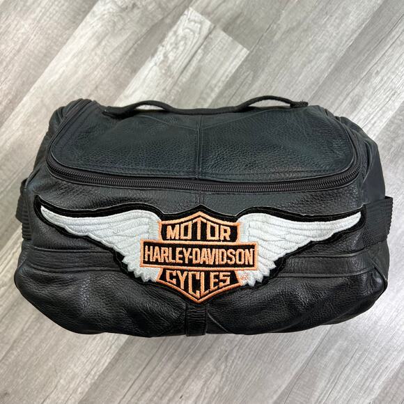 Black Leather Biker Saddle Bag with Harley Davidson Patch - Picture 1 of 10